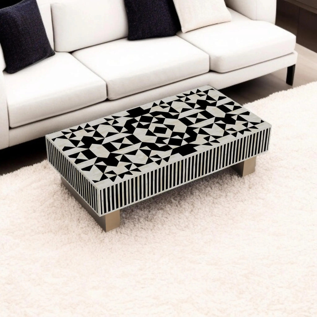 Bone Inlay Center Table with Geometric Resin Design | Handmade Coffee Table for Living Room | Stylish Decorative Inlay Furniture
