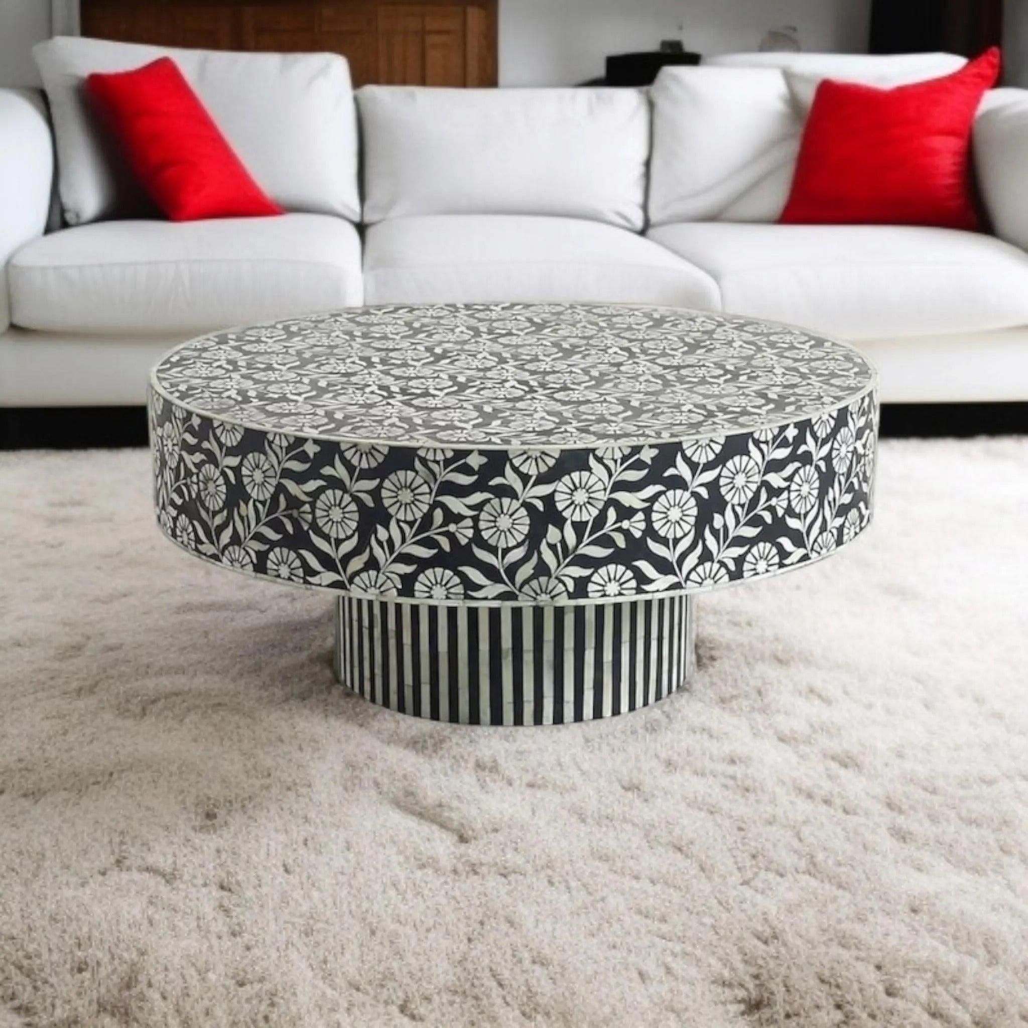 Bone Inlay Coffee Table Handmade | Elegant Floral Resin Center Table | Premium Designer Living Room Accent Table