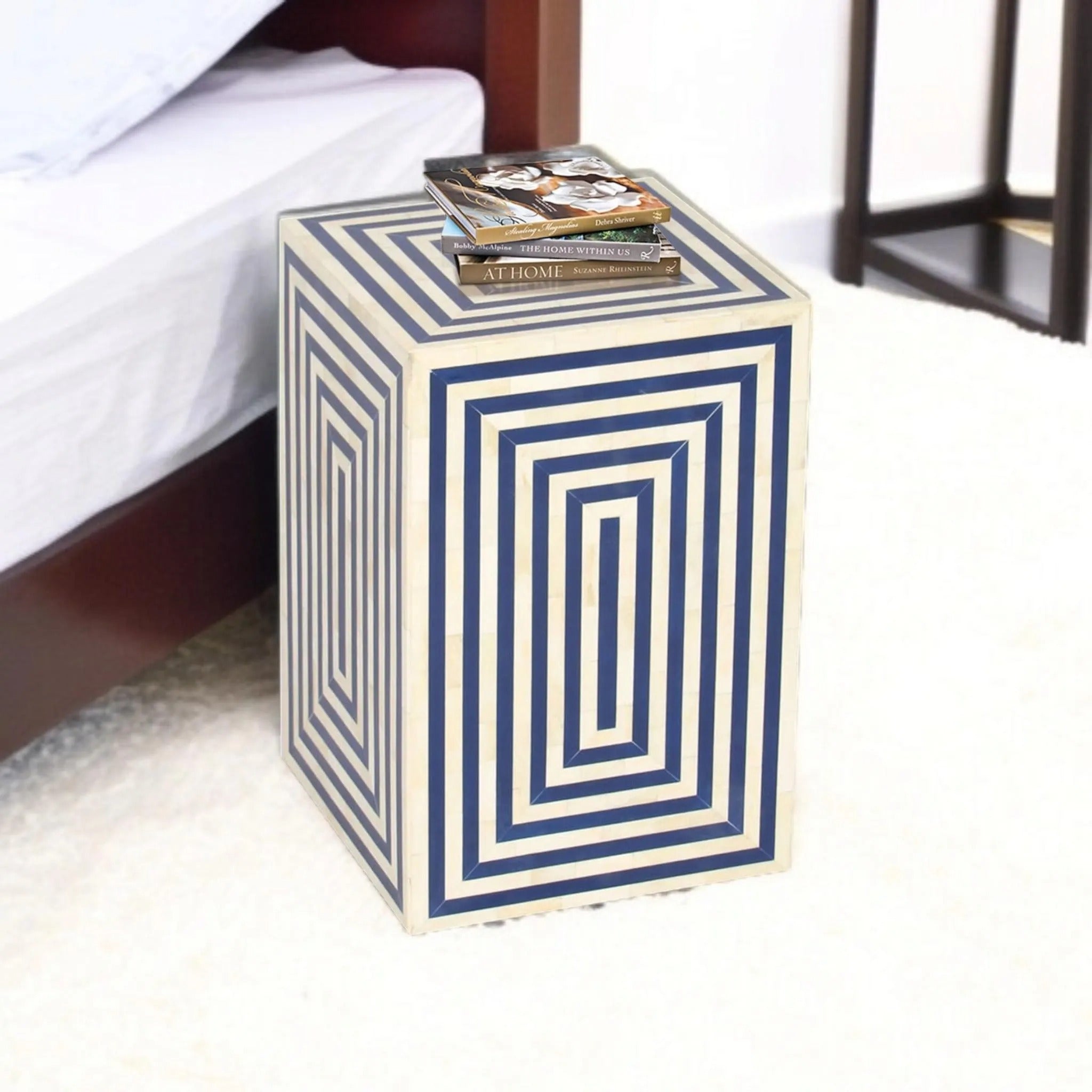 Modern Bone Inlay Side Table | Geometric Resin Pattern End Table | Handmade Decorative Accent Furniture Piece