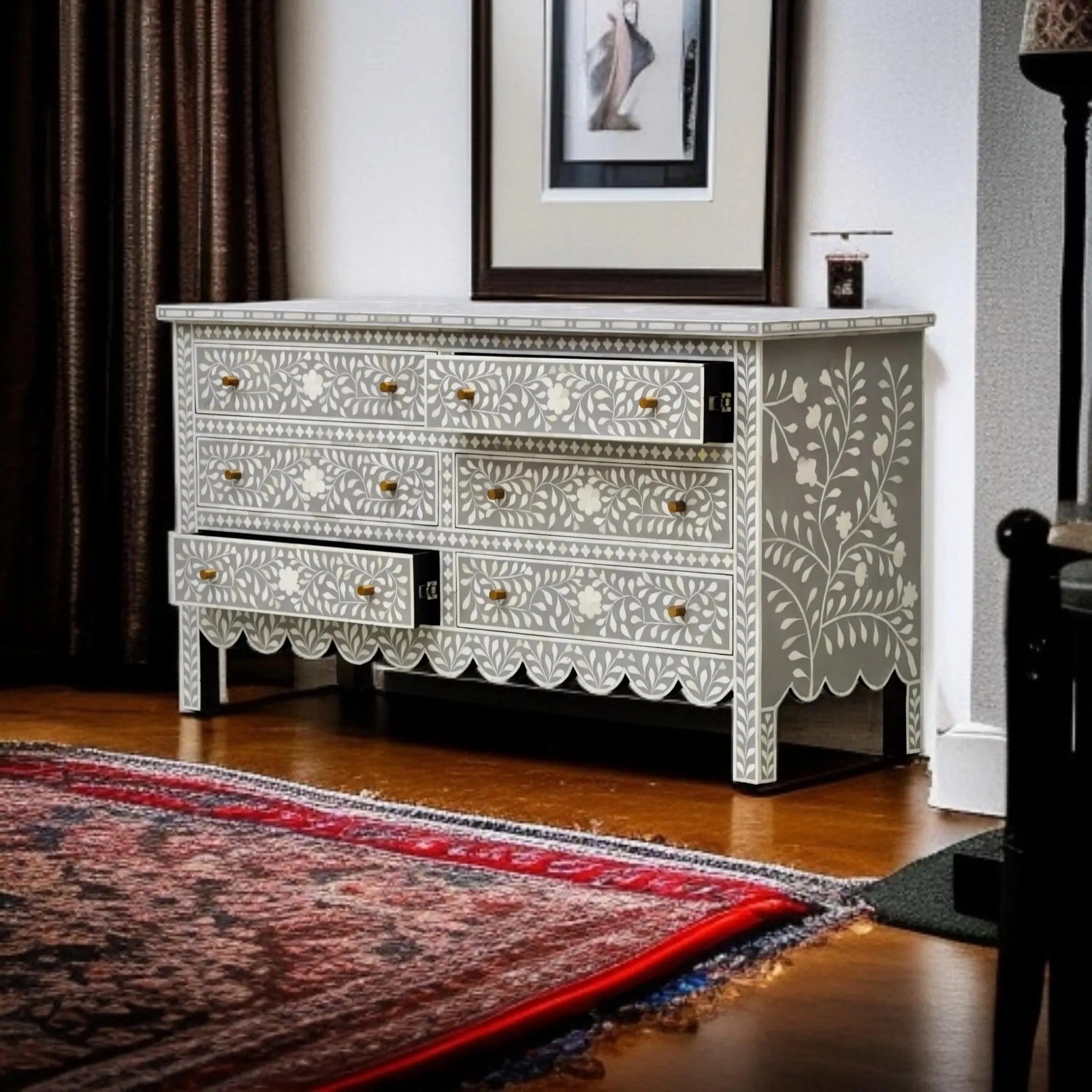 6-Drawer Bone Inlay Dresser | Boho Bedroom Storage Chest | Handmade Decorative Inlay Furniture for Modern Homes
