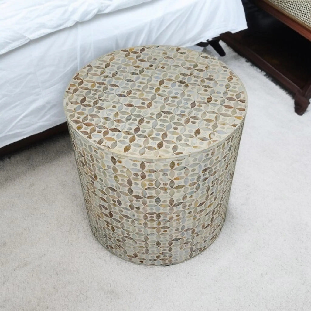 MOP Inlay Side Table | Handmade Boho Floral End Table | Luxury Mother of Pearl Accent Piece for Home Décor