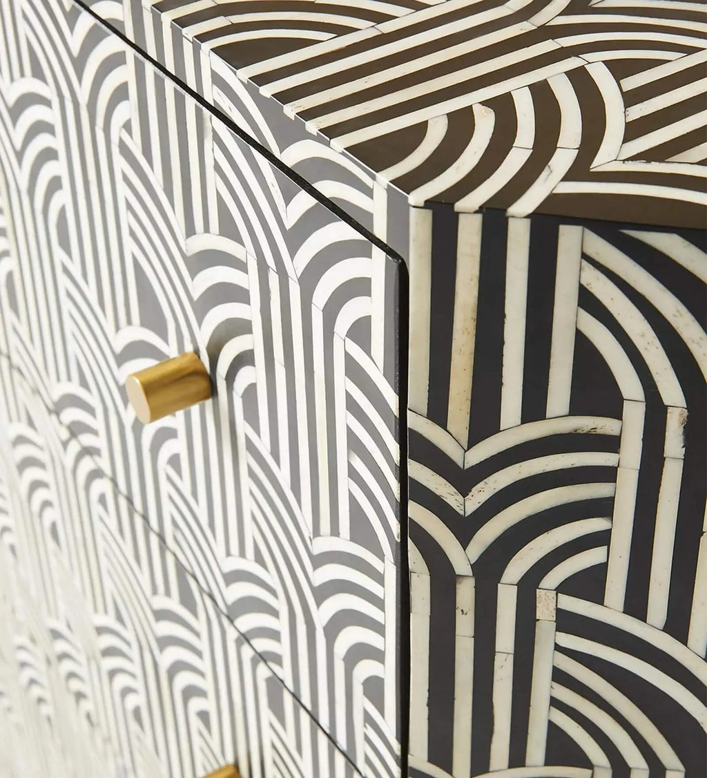 Bone Inlay Dresser | Modern Geometric 3-Drawer Chest | Handmade Designer Storage Cabinet for Bedroom & Living Room