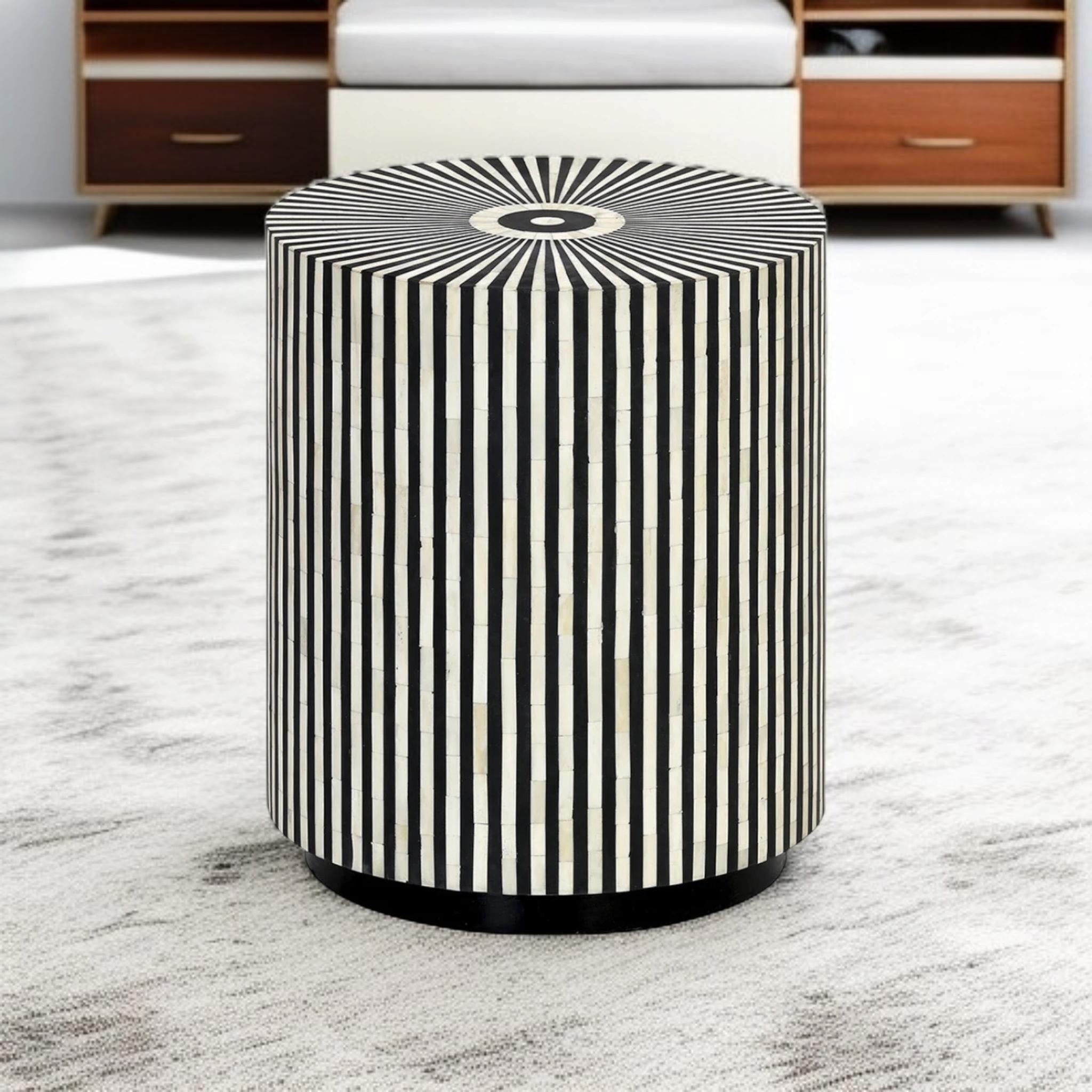 Black & White Striped Bone Inlay Drum Table | Handmade End Table for Living Room & Bedroom | Stylish Inlay Accent Furniture