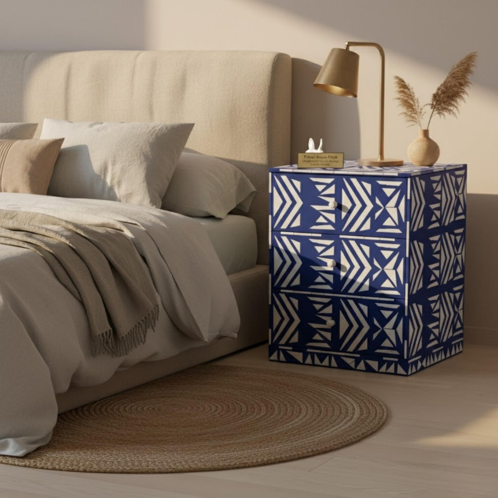 Black & White Tribal Bone Inlay Nightstand | Handmade Bedside Table | Elegant Accent Table for Bedroom & Living Room